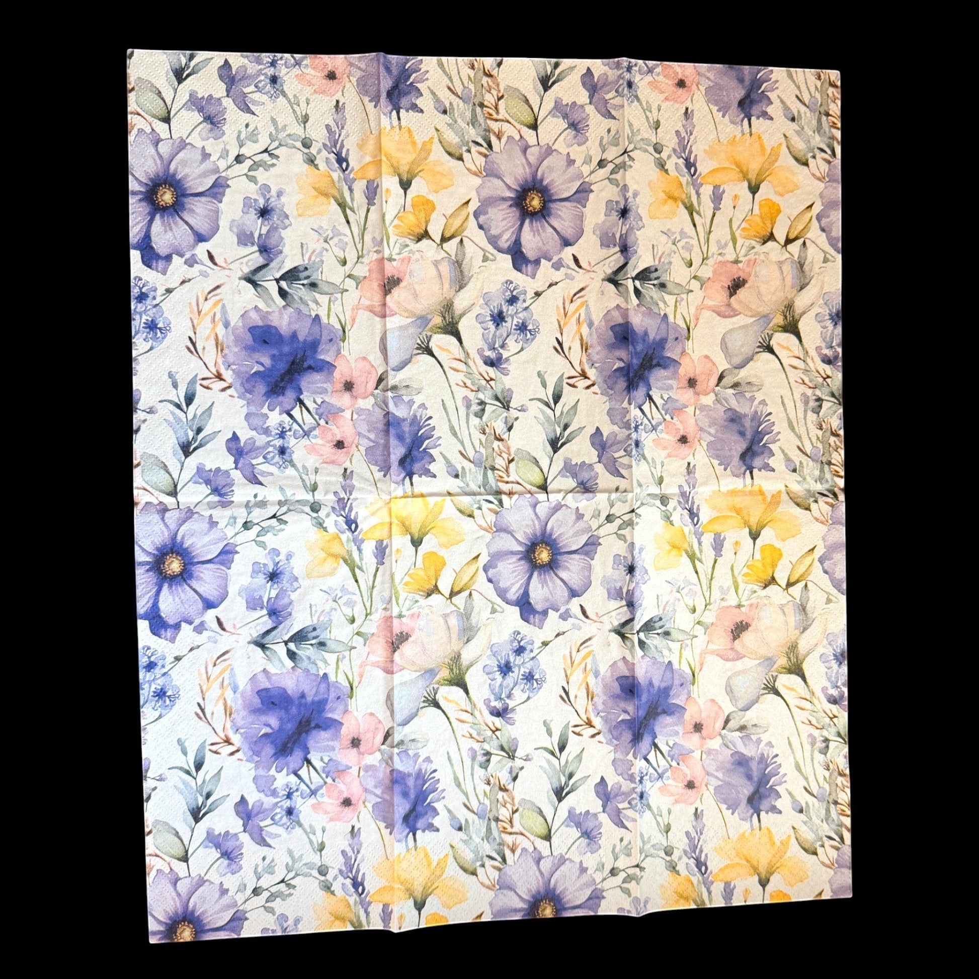 Loblolly Girl Purple Posy watercolor floral paper napkins feature purple, lavender, yellow, and pink blooms with greenery. Set of 2.