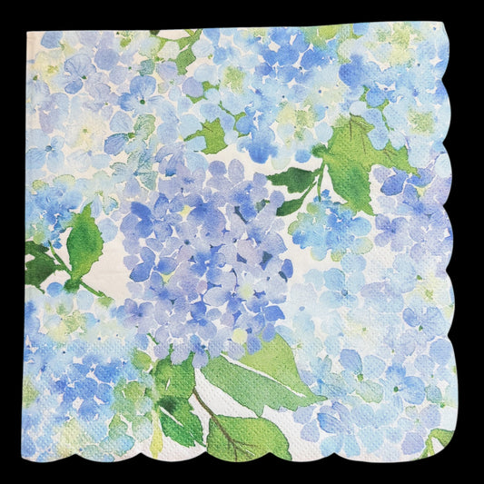 Luncheon size decoupage napkin with a scalloped edge featuring lush watercolor hydrangea blooms in periwinkle cornflower blue and soft lavender on a creamy white background set of 2