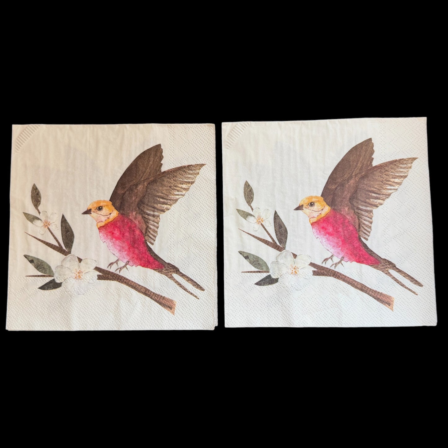 Red Bird and Blossoms Luncheon Decoupage Napkins – Watercolor Bird Floral Paper Napkins, Set of 2