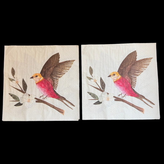 Red Bird and Blossoms Luncheon Decoupage Napkins – Watercolor Bird Floral Paper Napkins, Set of 2