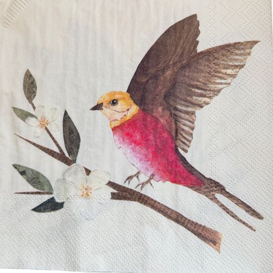 Red Bird and Blossoms Luncheon Decoupage Napkins – Watercolor Bird Floral Paper Napkins, Set of 2