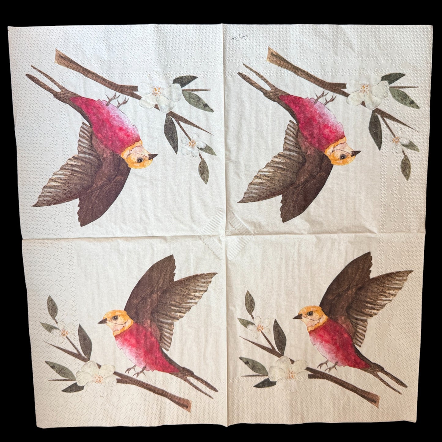 Red Bird and Blossoms Luncheon Decoupage Napkins – Watercolor Bird Floral Paper Napkins, Set of 2