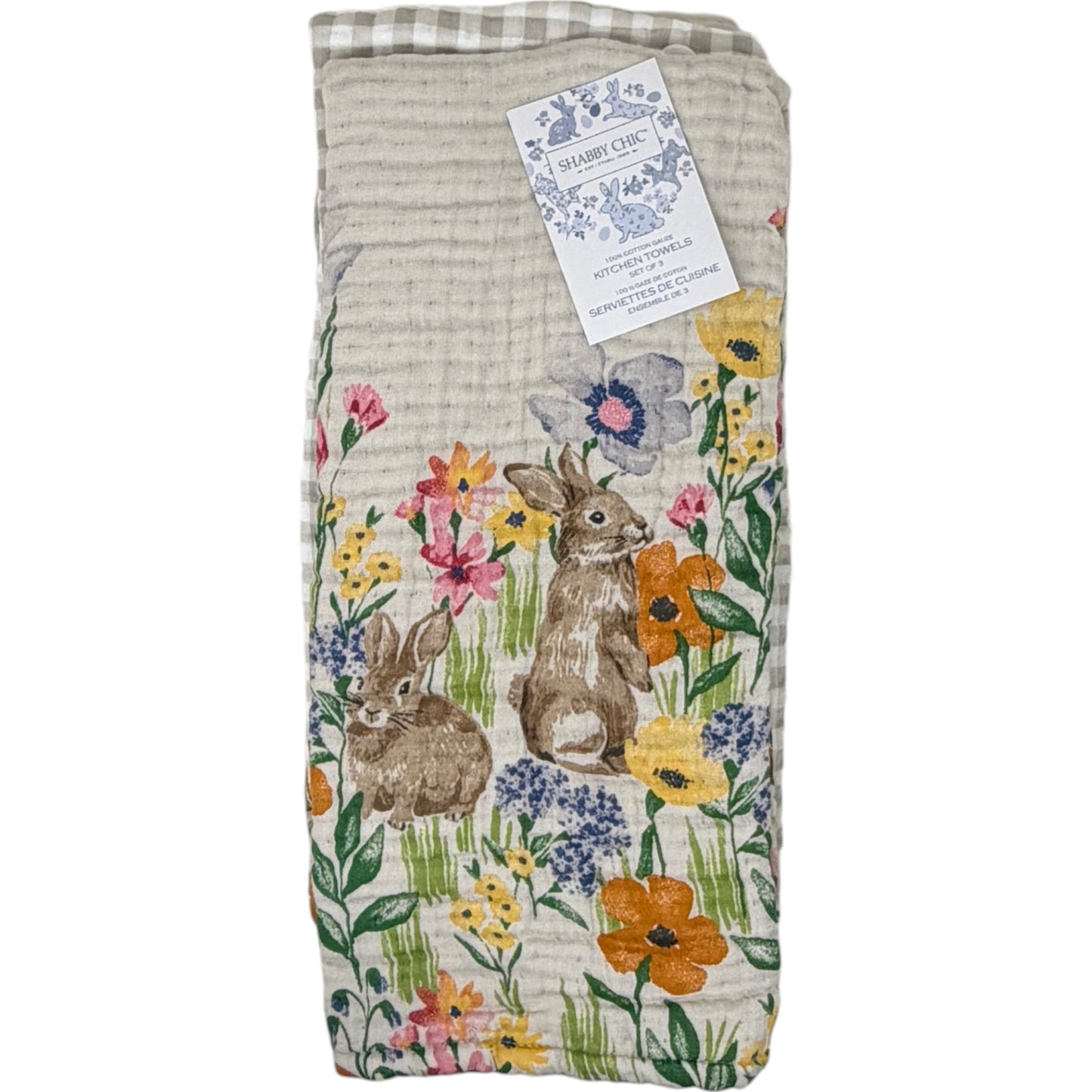 Set of three Shabby Chic cotton gauze kitchen towels featuring floral bunny print and beige gingham accent