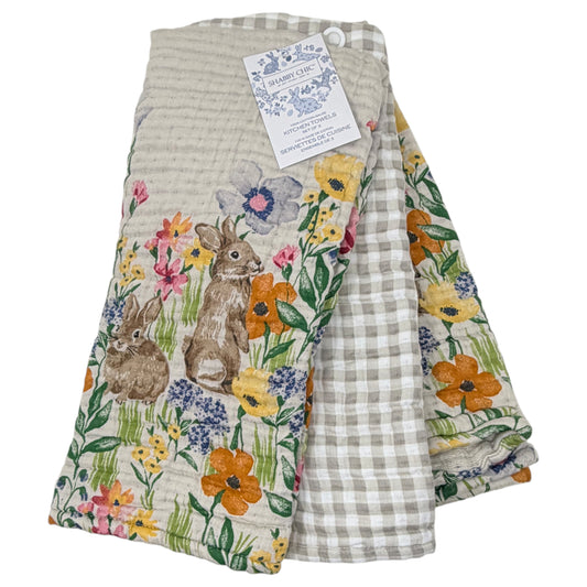 Set of three Shabby Chic cotton gauze kitchen towels featuring floral bunny print and beige gingham accent
