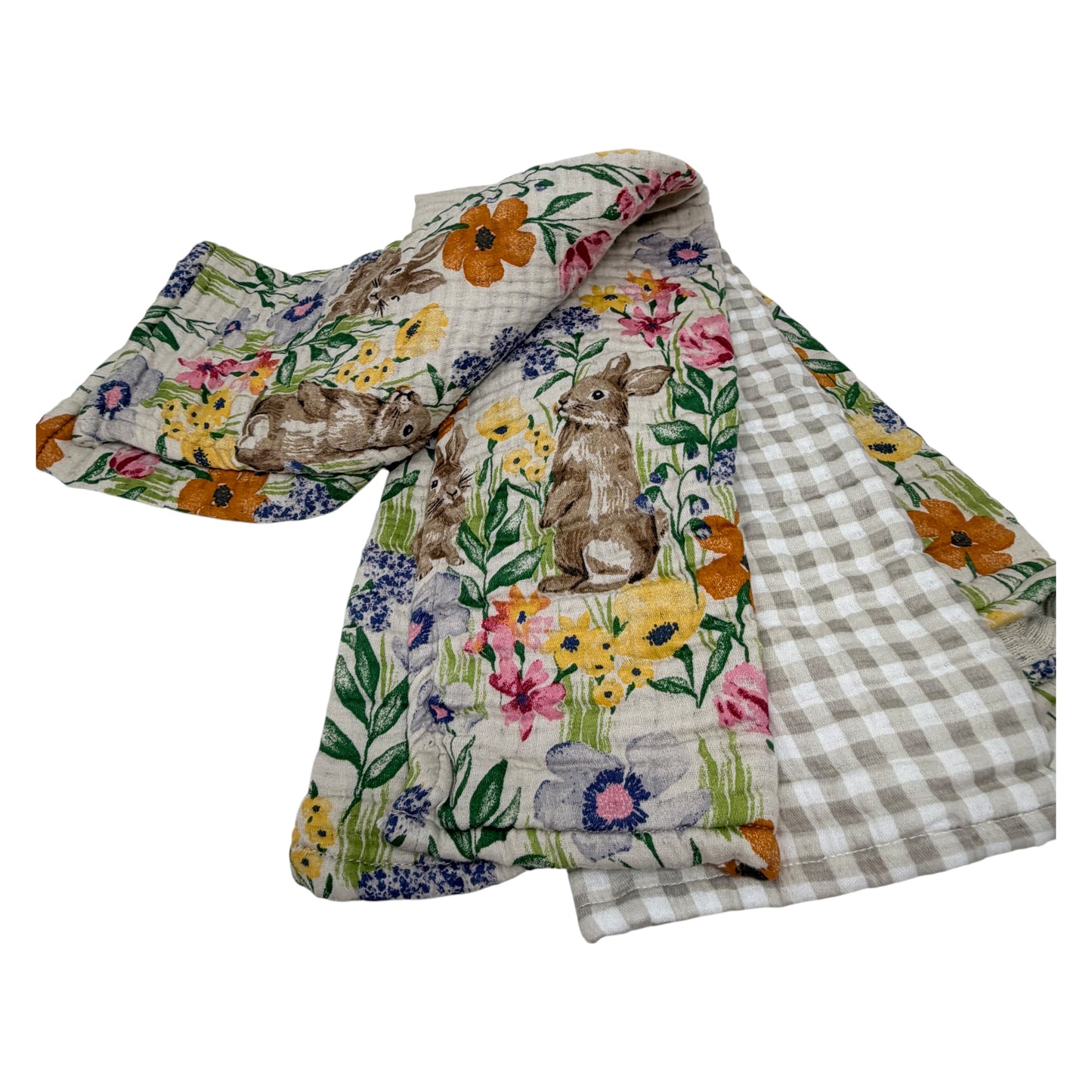 Set of three Shabby Chic cotton gauze kitchen towels featuring floral bunny print and beige gingham accent