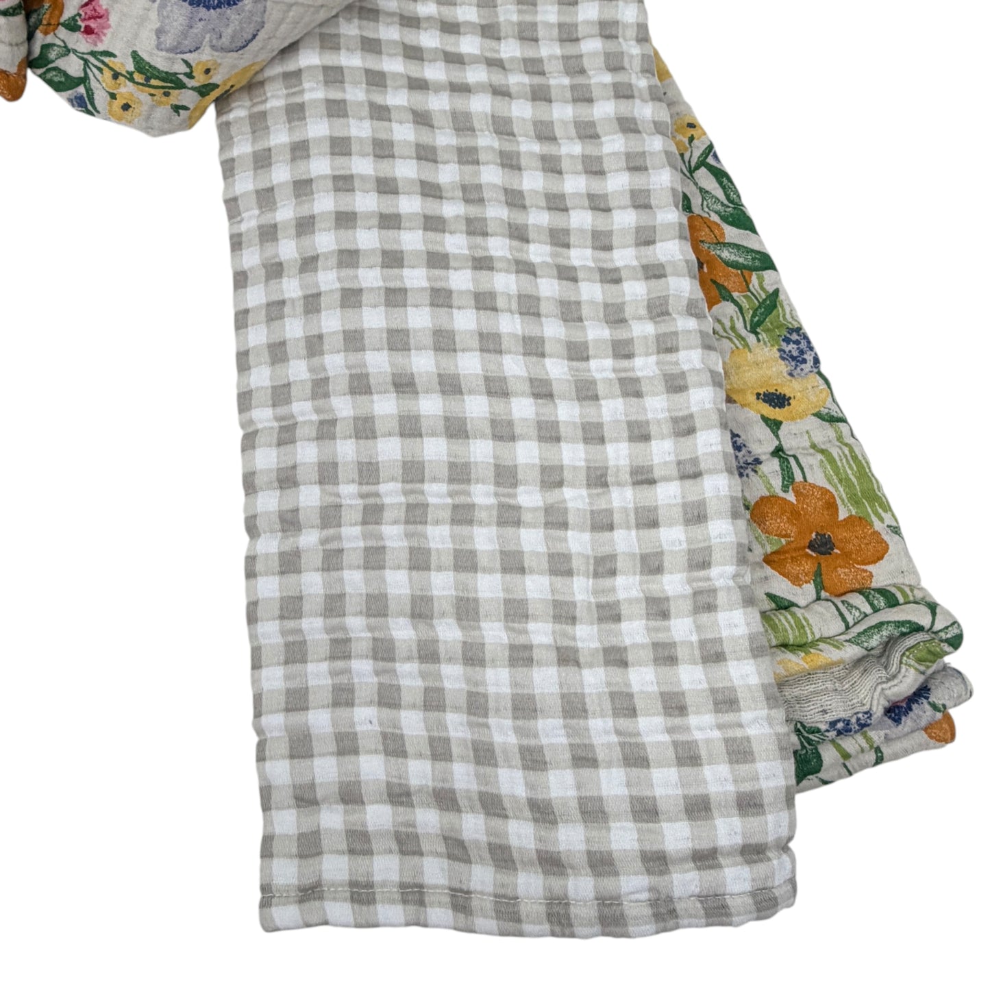 Set of three Shabby Chic cotton gauze kitchen towels featuring floral bunny print and beige gingham accent