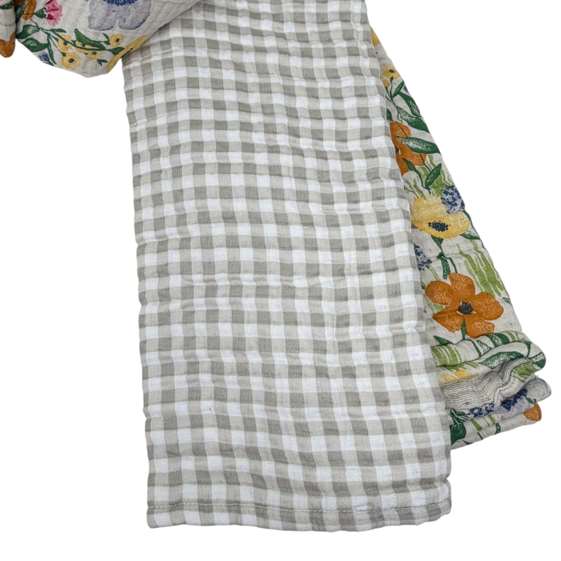 Set of three Shabby Chic cotton gauze kitchen towels featuring floral bunny print and beige gingham accent