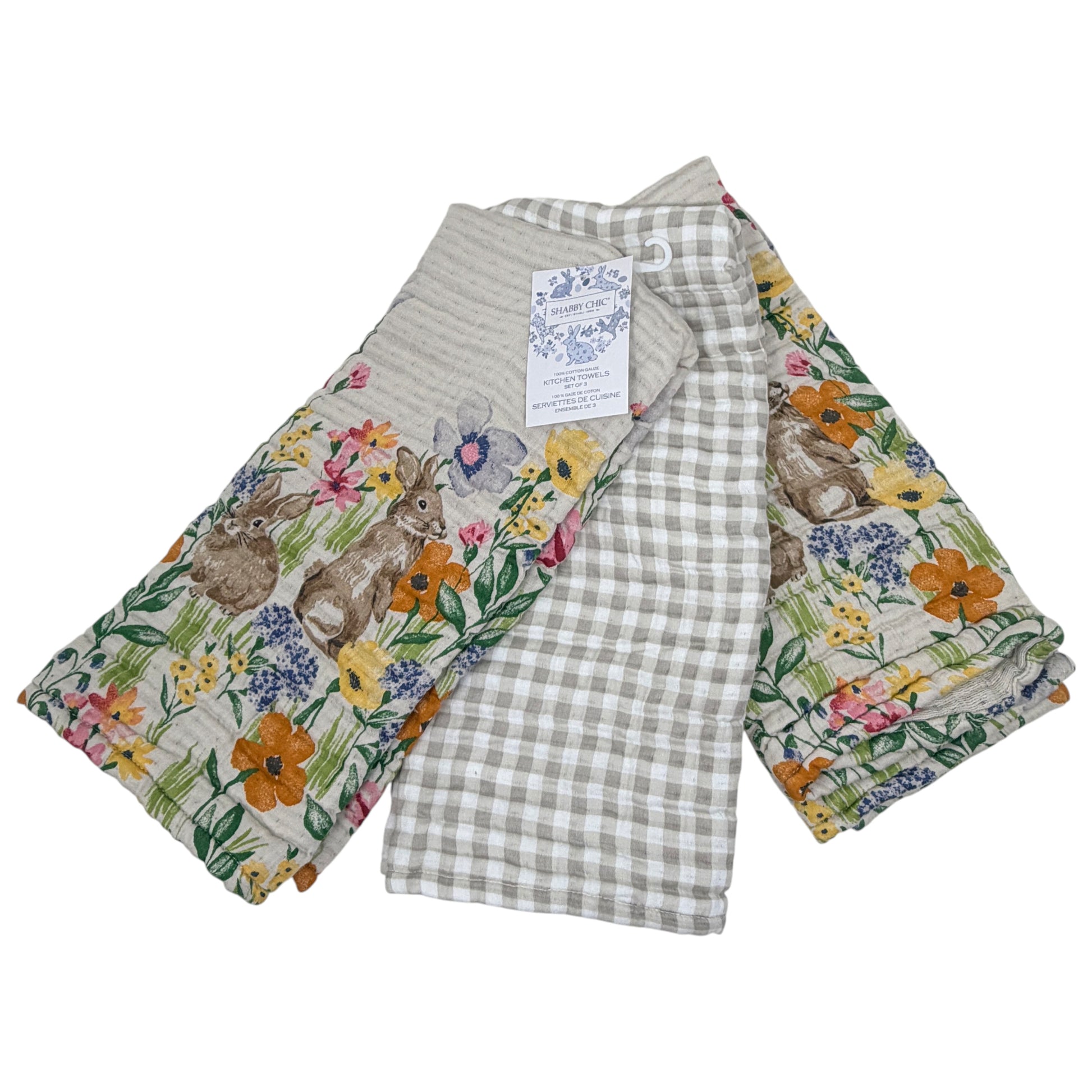 Set of three Shabby Chic cotton gauze kitchen towels featuring floral bunny print and beige gingham accent