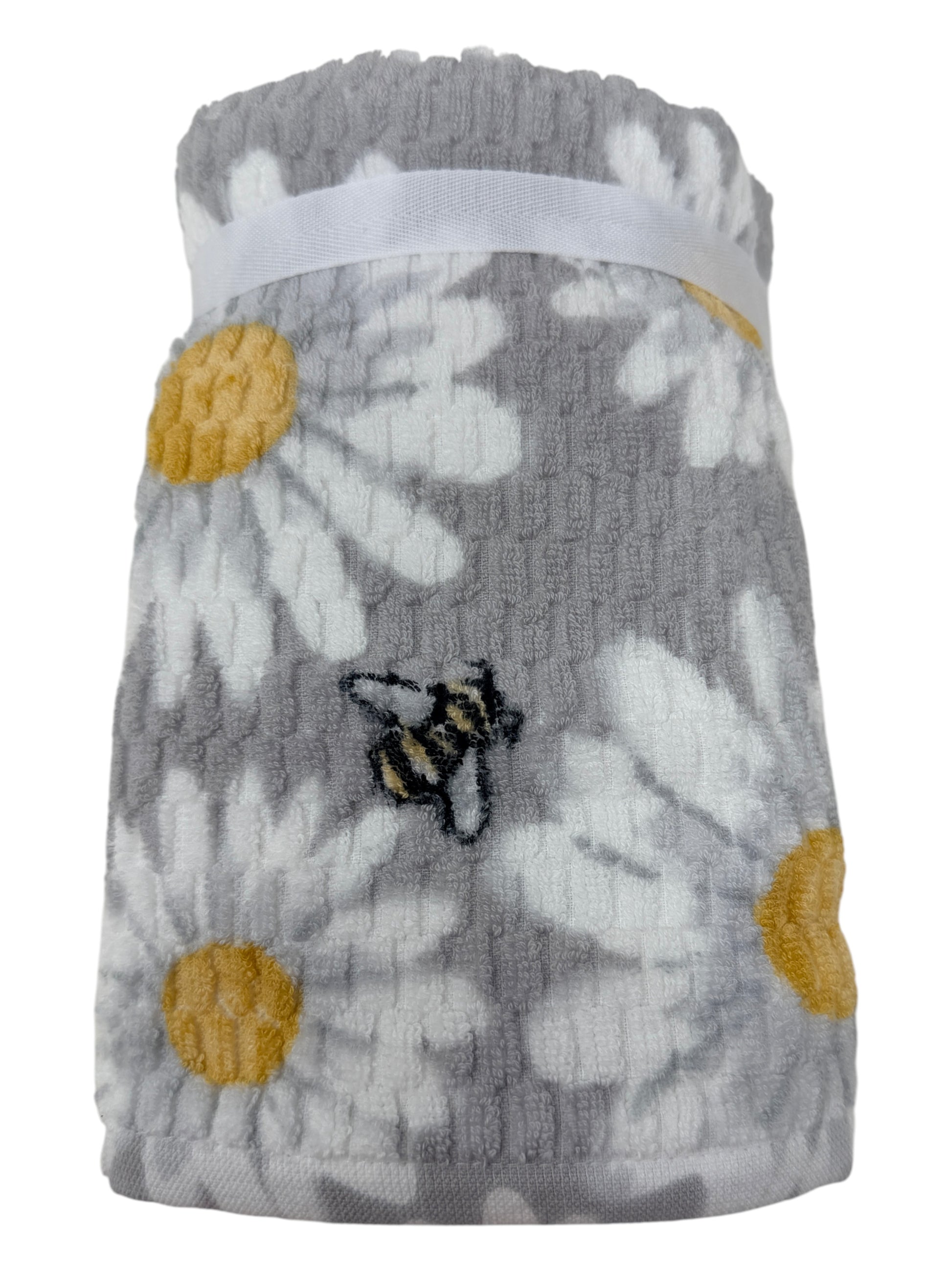 Set of two gray hand towels with embroidered bumble bees and white daisies by Deborah Connolly Designs