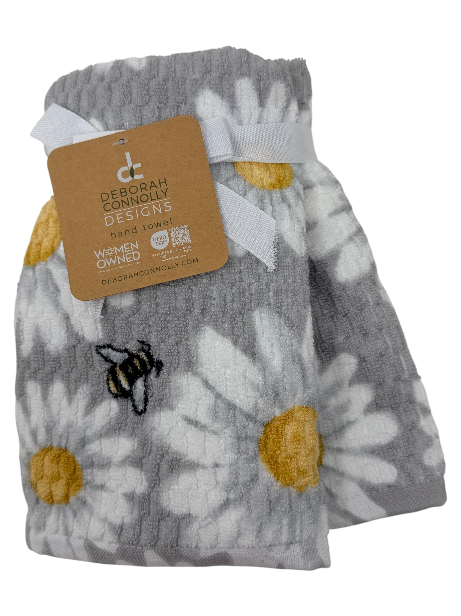Set of two gray hand towels with embroidered bumble bees and white daisies by Deborah Connolly Designs cotton lyocell blend