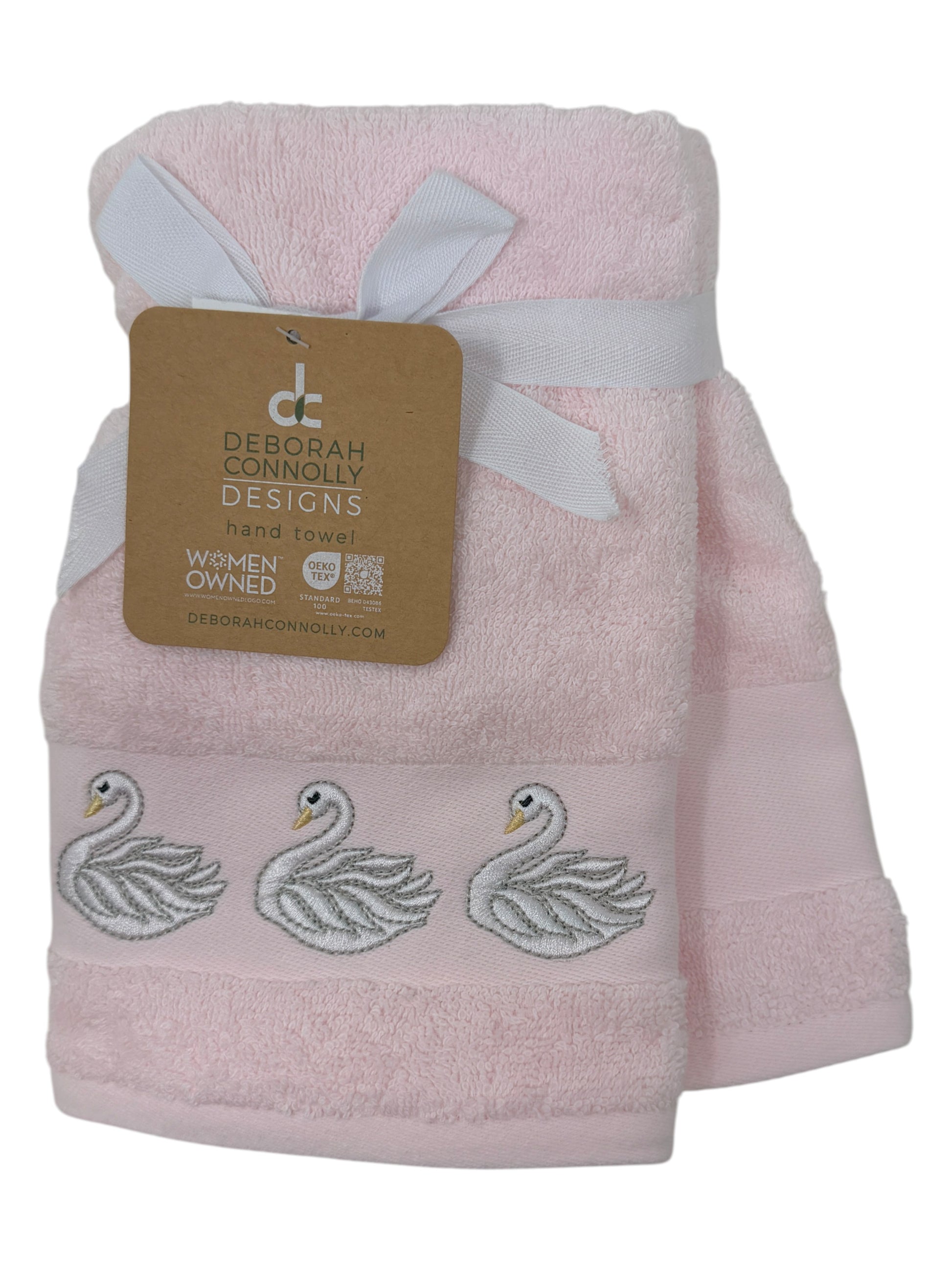 Set of two light‑pink hand towels with white embroidered swans by Deborah Connolly Designs, cotton‑lyocell blend