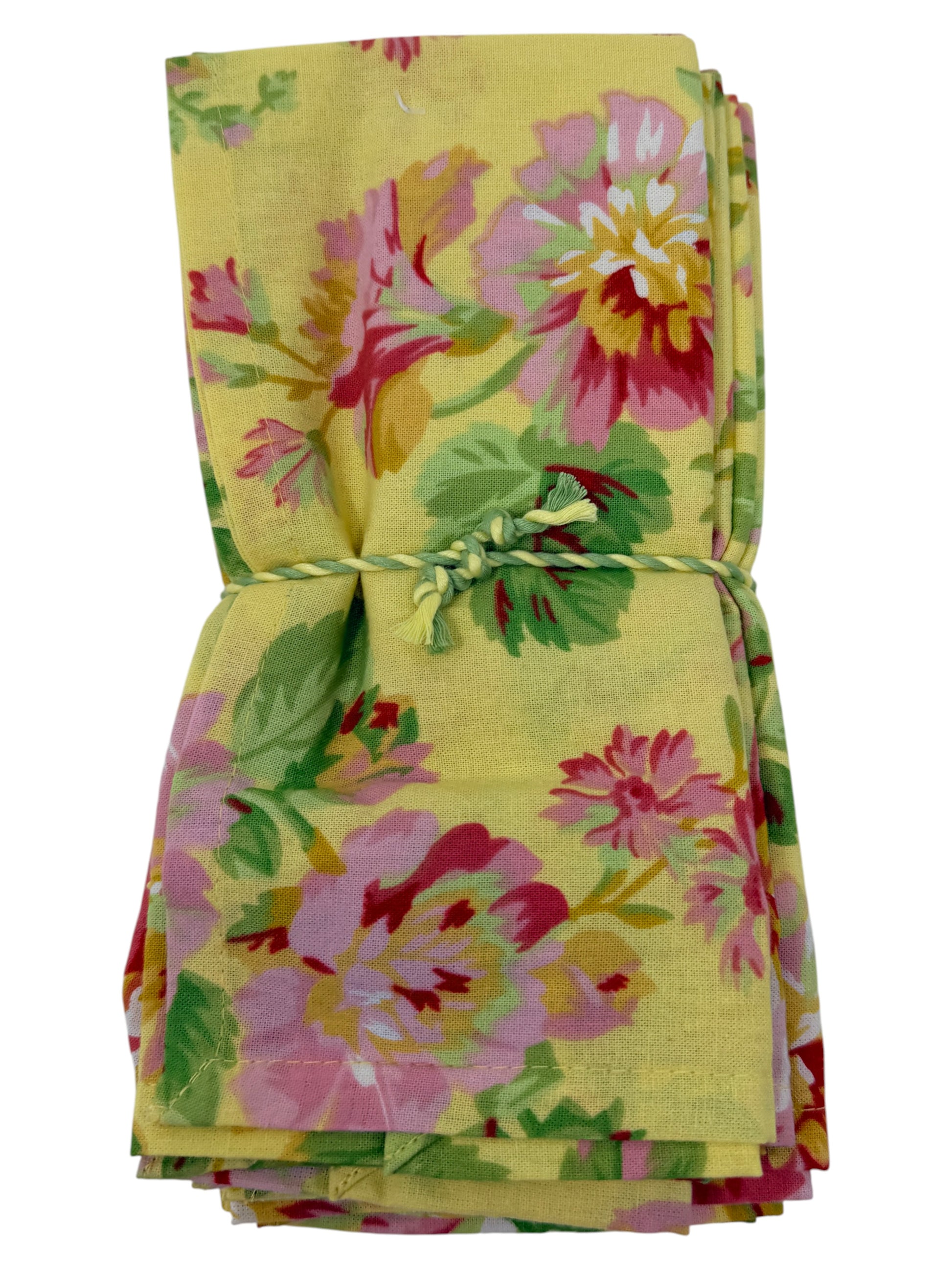 Set of twelve April Cornell yellow cotton napkins with pink red and green vintage floral design