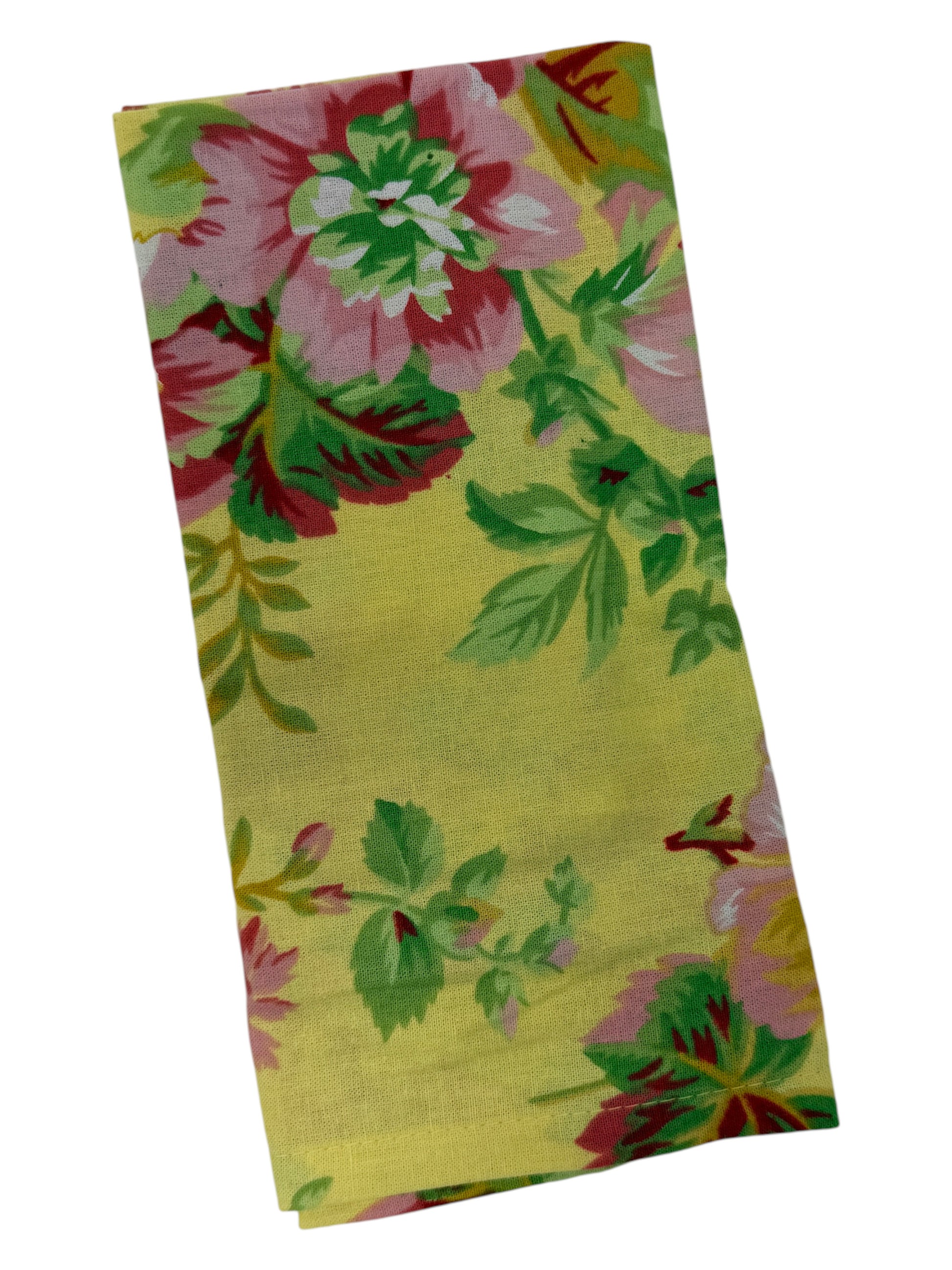 Set of twelve April Cornell yellow cotton napkins with pink red and green vintage floral design