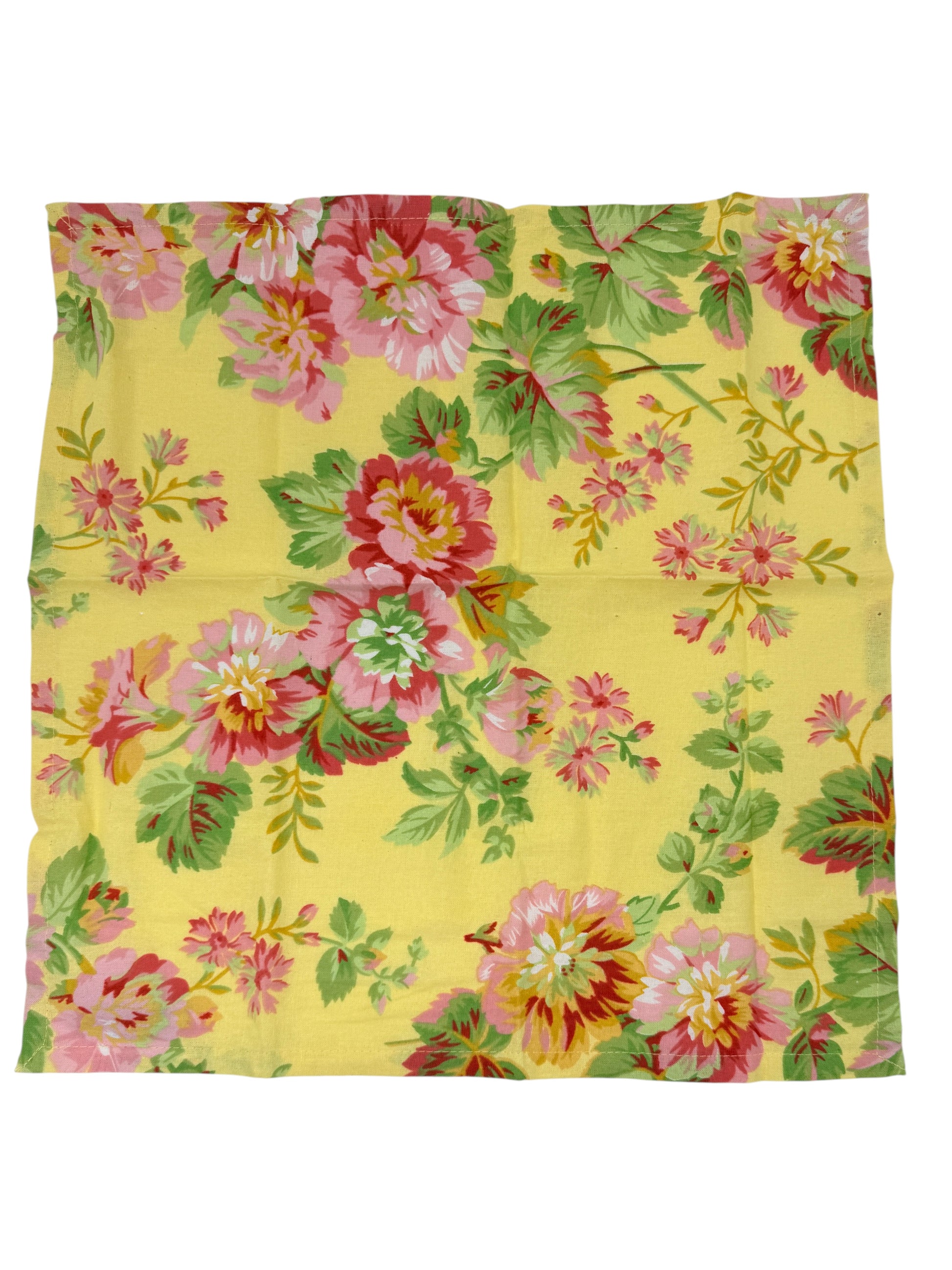 Set of twelve April Cornell yellow cotton napkins with pink red and green vintage floral design