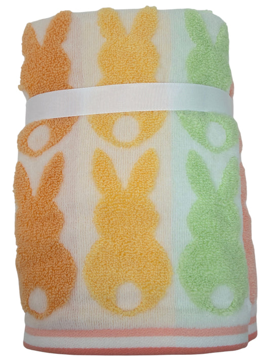 Set of two pastel plush bunny hand towels by Caro Home in peach, yellow, mint, and coral — 100% cotton