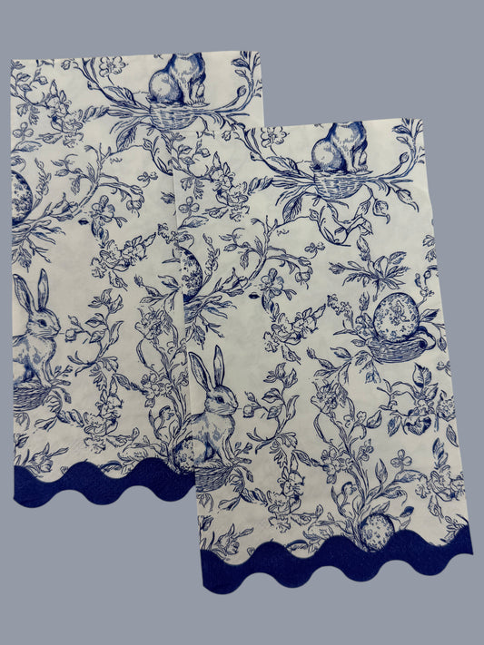 Blue toile bunny Easter guest napkin with floral branches, scallop edge, and classic toile pattern by Surrey & Selena