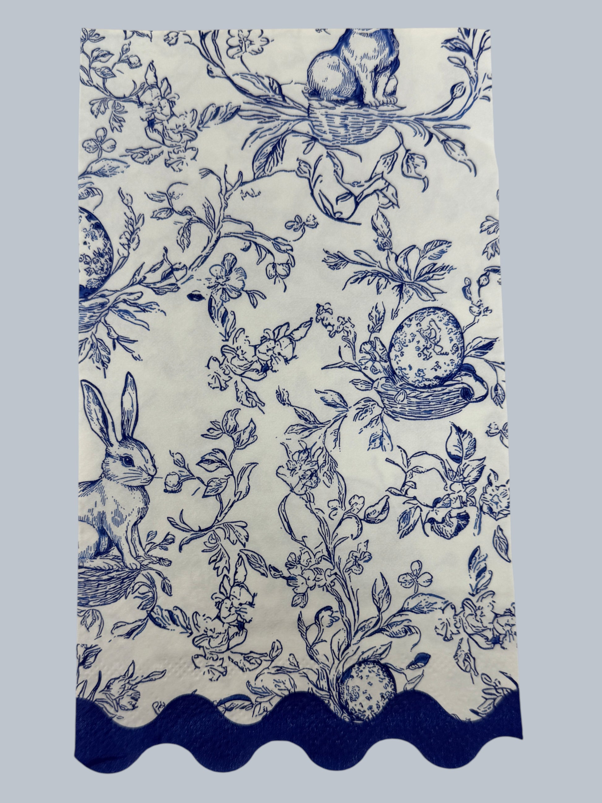 Blue toile bunny Easter guest napkin with floral branches, scallop edge, and classic toile pattern by Surrey & Selena