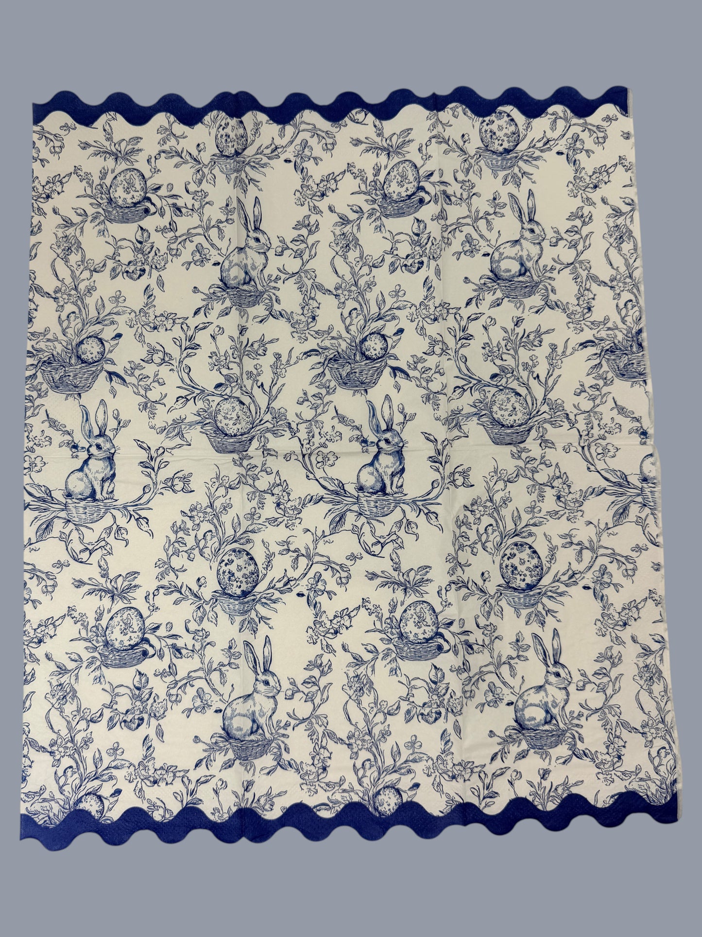 Blue Toile Bunny Easter Scallop Guest Decoupage Napkins by Surrey & Selena – Elegant Spring Bunny Design | Set of 2