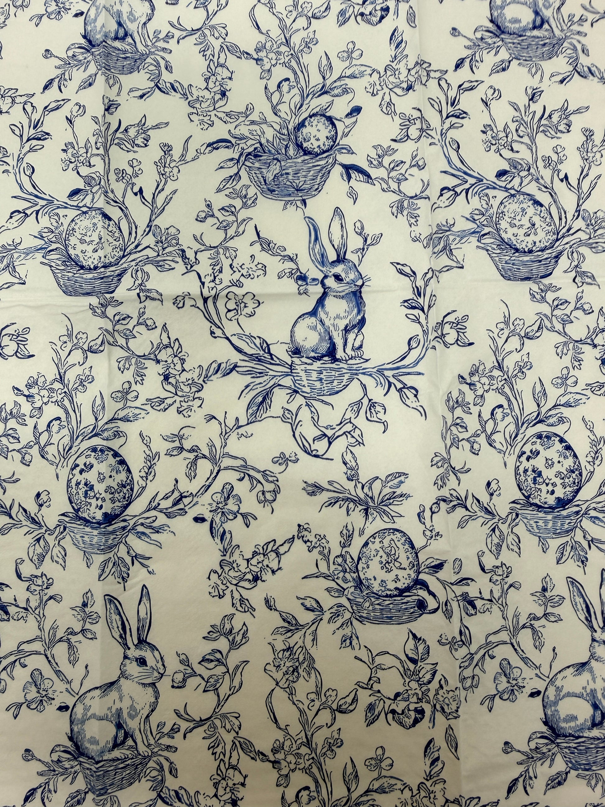 Blue toile bunny Easter guest napkin with floral branches, scallop edge, and classic toile pattern by Surrey & Selena