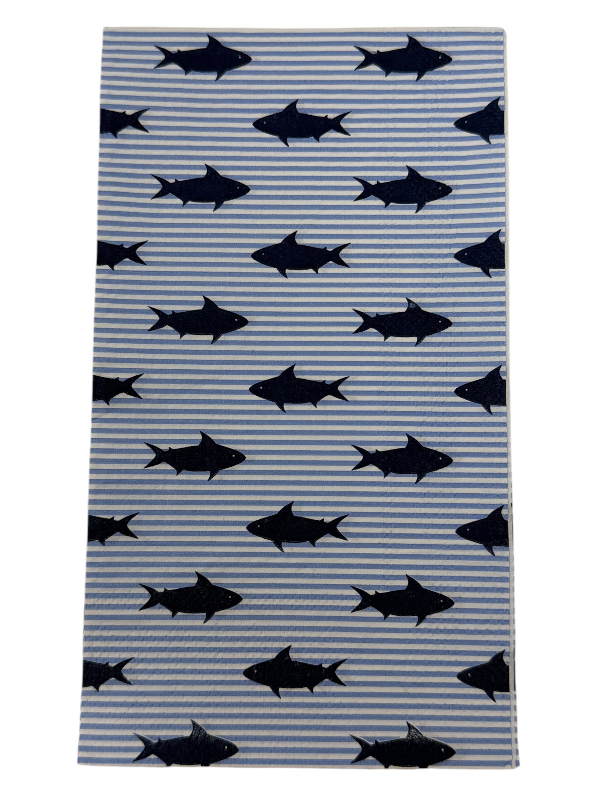 Two guest size decoupage napkins featuring bold navy blue shark silhouettes scattered across a light blue and white pinstripe background set of 2