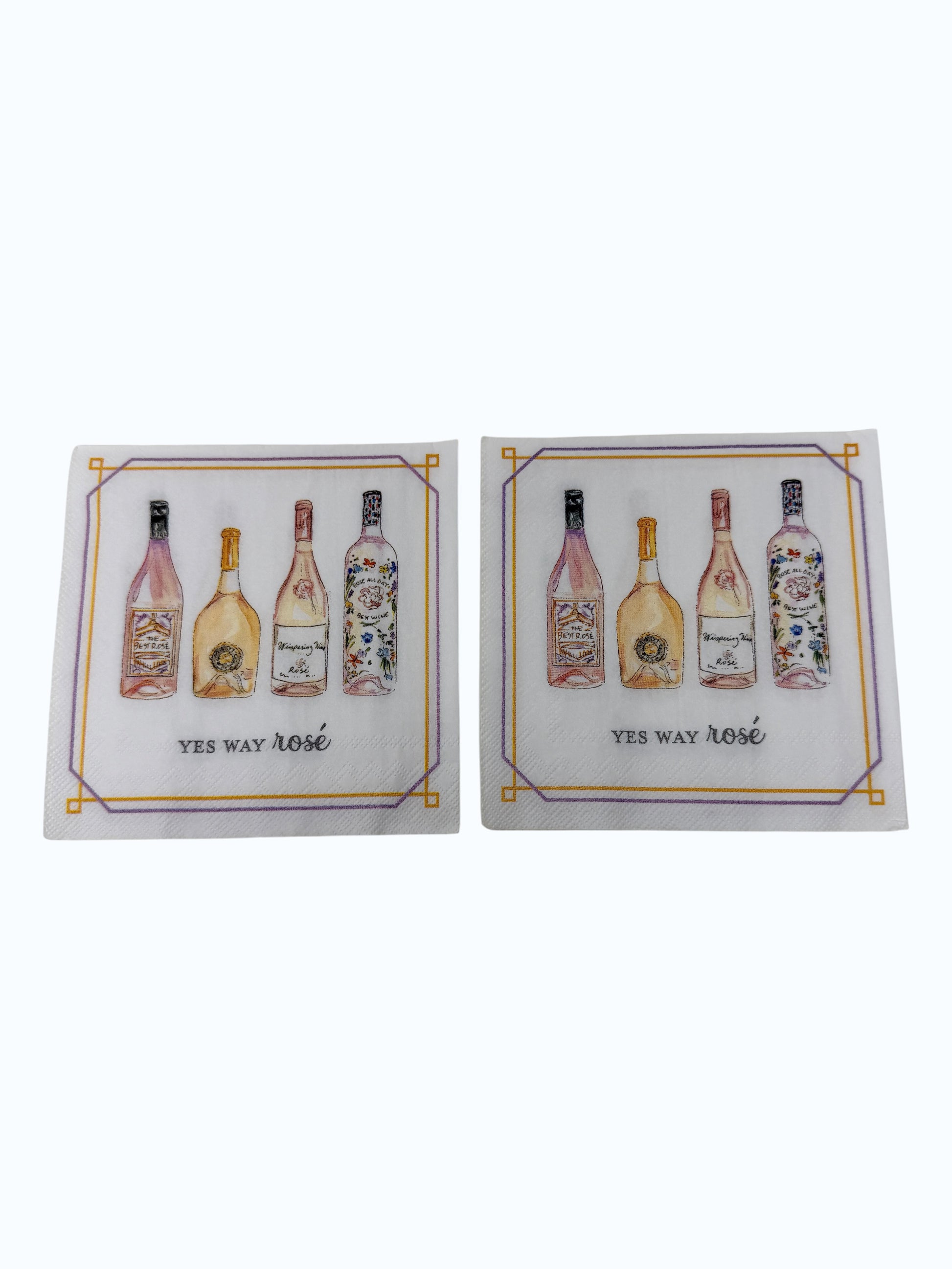Yes Way Rosé cocktail napkin featuring watercolor wine bottles with gold and lavender border