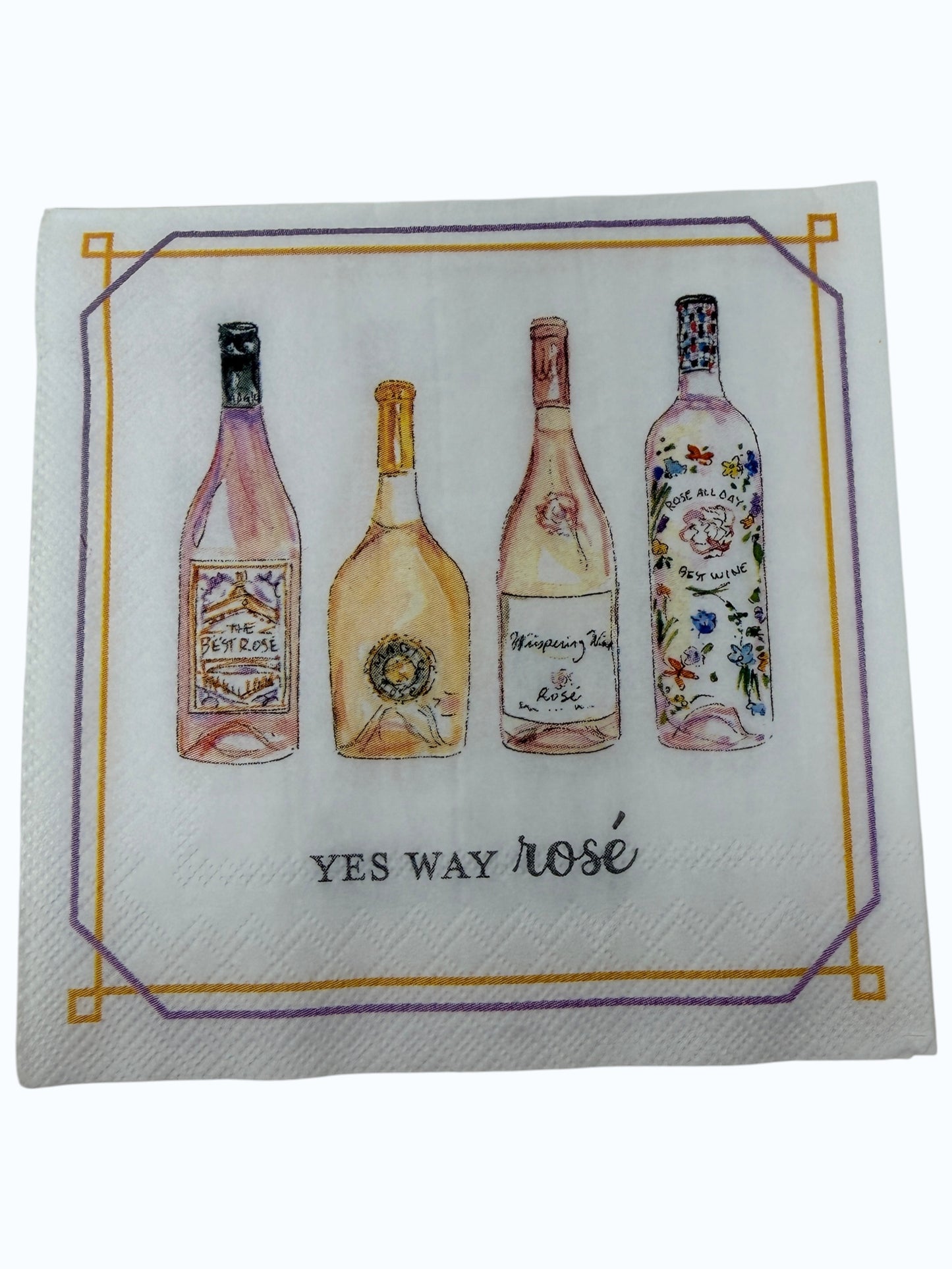 Yes Way Rosé cocktail napkin featuring watercolor wine bottles with gold and lavender border
