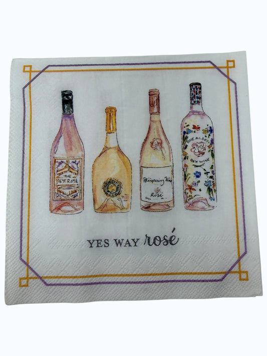 Yes Way Rosé cocktail napkin featuring watercolor wine bottles with gold and lavender border