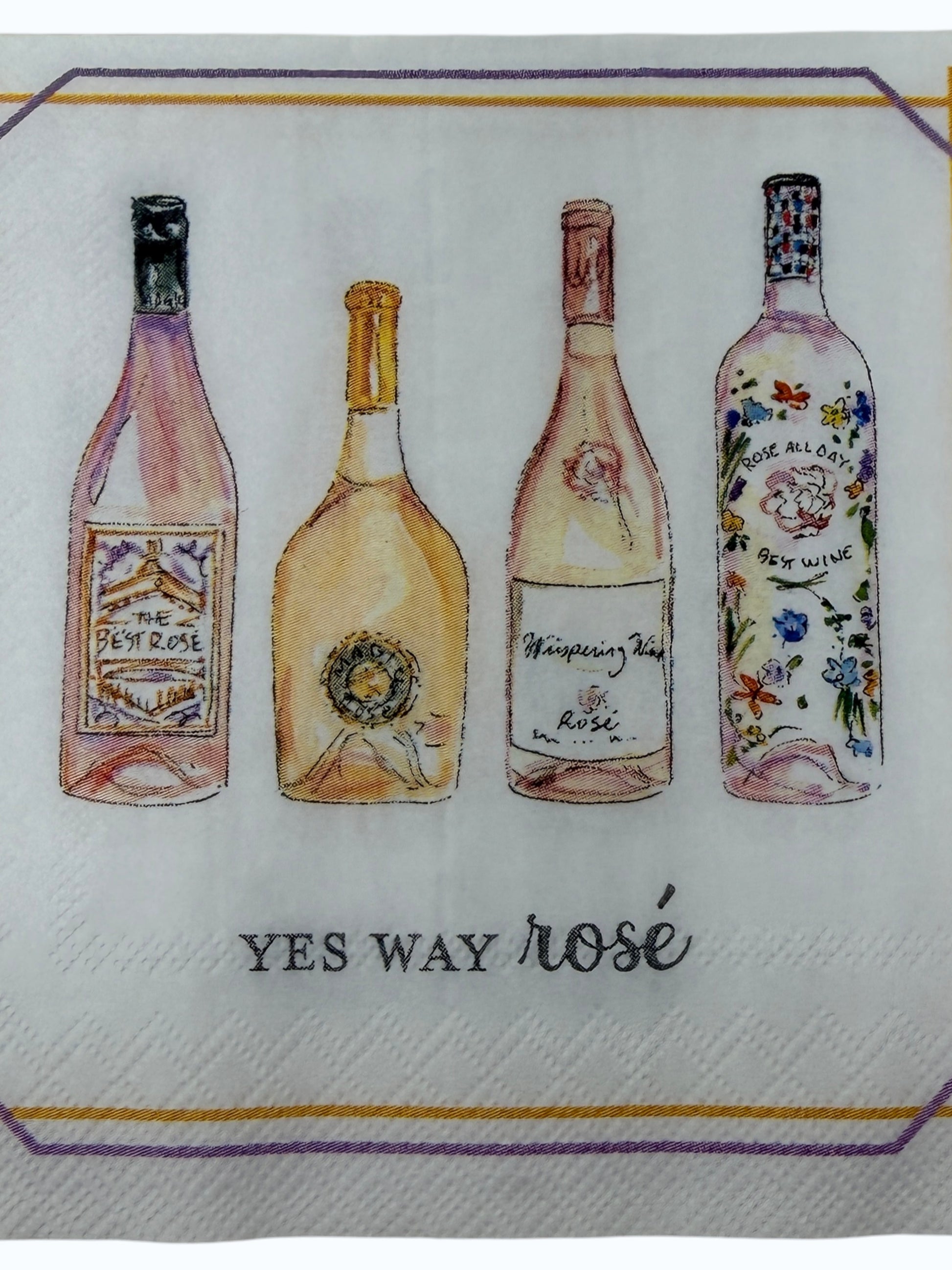 Yes Way Rosé cocktail napkin featuring watercolor wine bottles with gold and lavender border