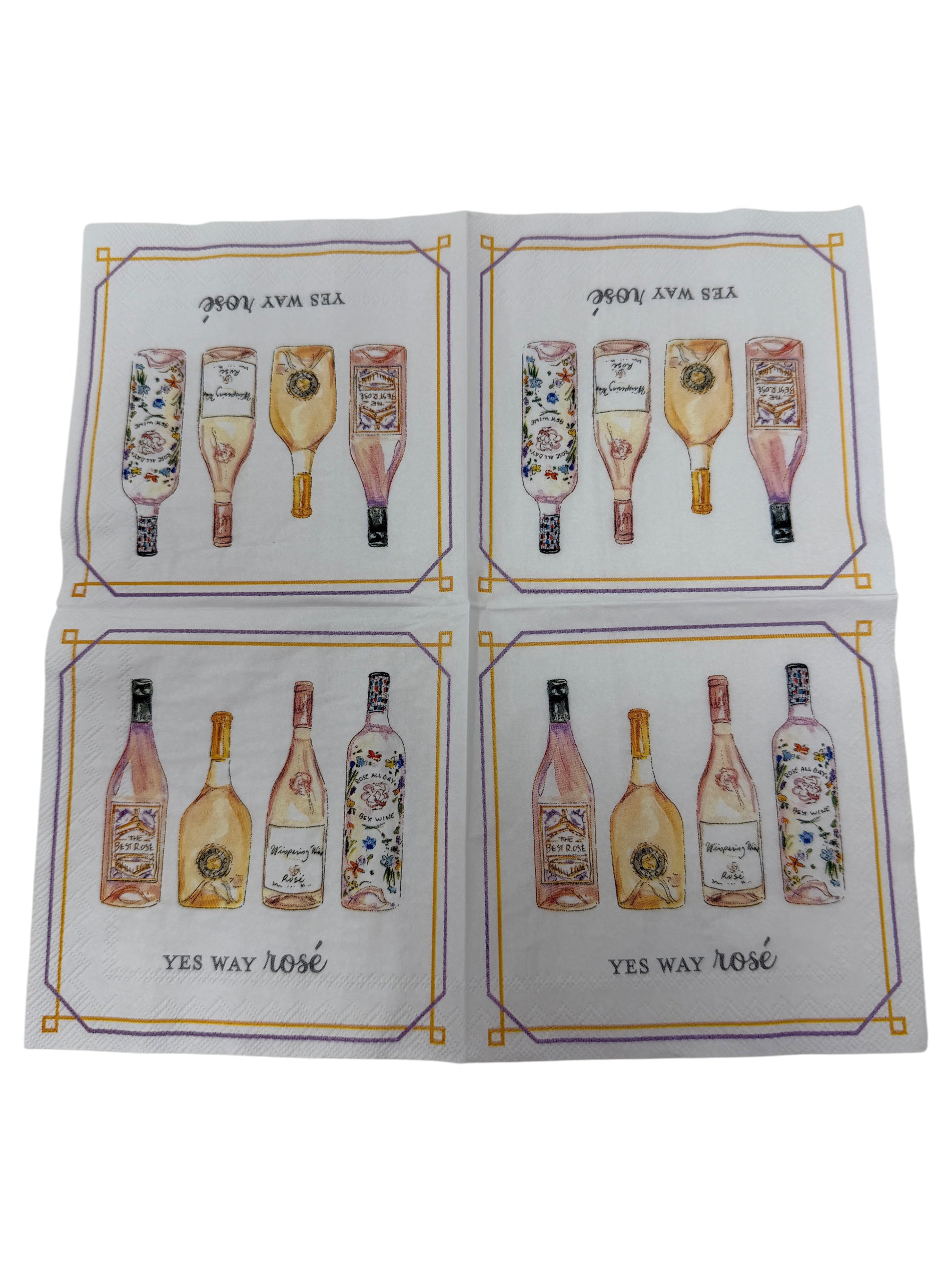 Yes Way Rosé cocktail napkin featuring watercolor wine bottles with gold and lavender border