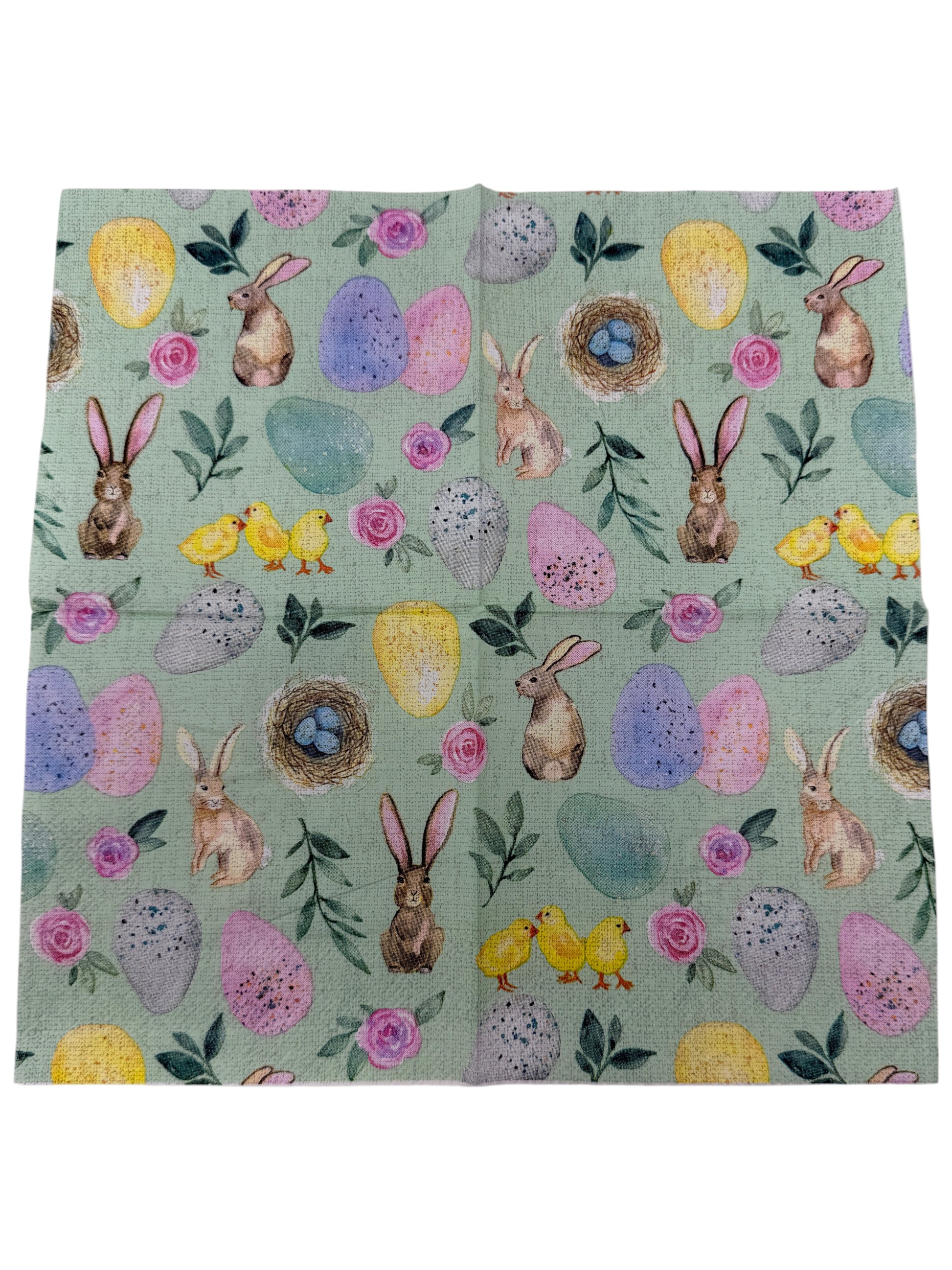 Pastel Easter cocktail napkin featuring bunnies, chicks, eggs, and floral designs on mint green background