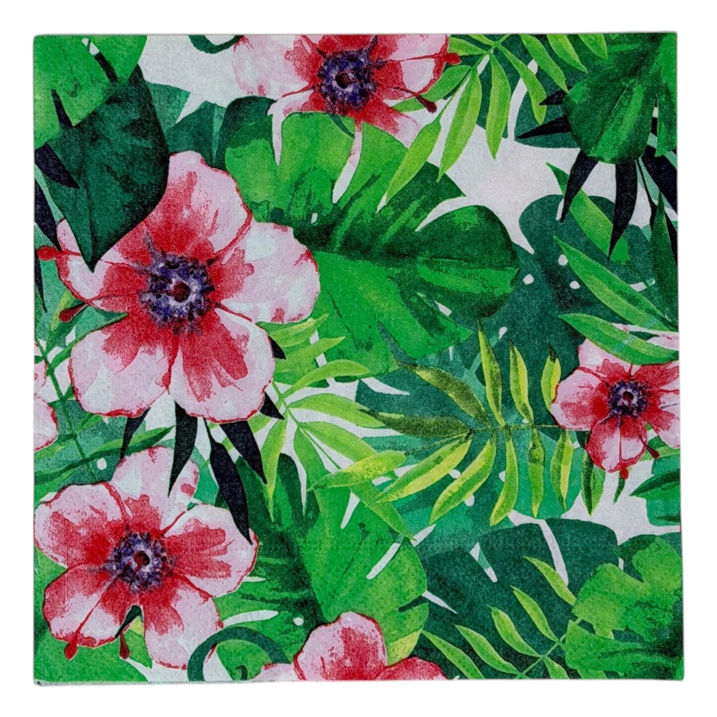 Tranquil Tropics Luncheon Decoupage Napkins – Tropical Floral Watercolor Hibiscus & Palm Leaves for Crafts