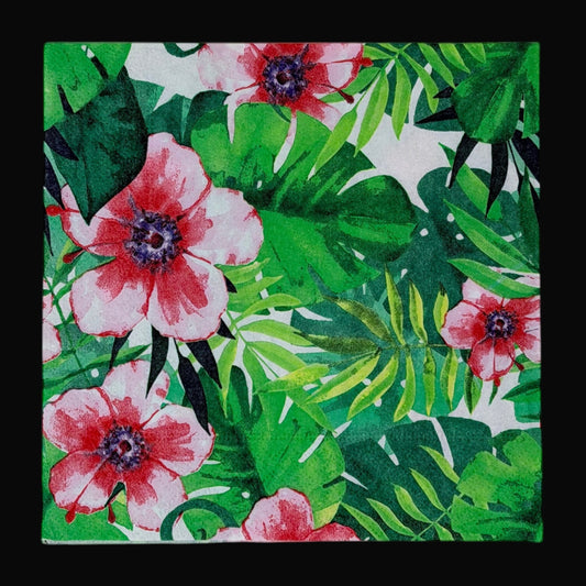 Tranquil Tropics Luncheon Decoupage Napkins – Tropical Floral Watercolor Hibiscus & Palm Leaves for Crafts