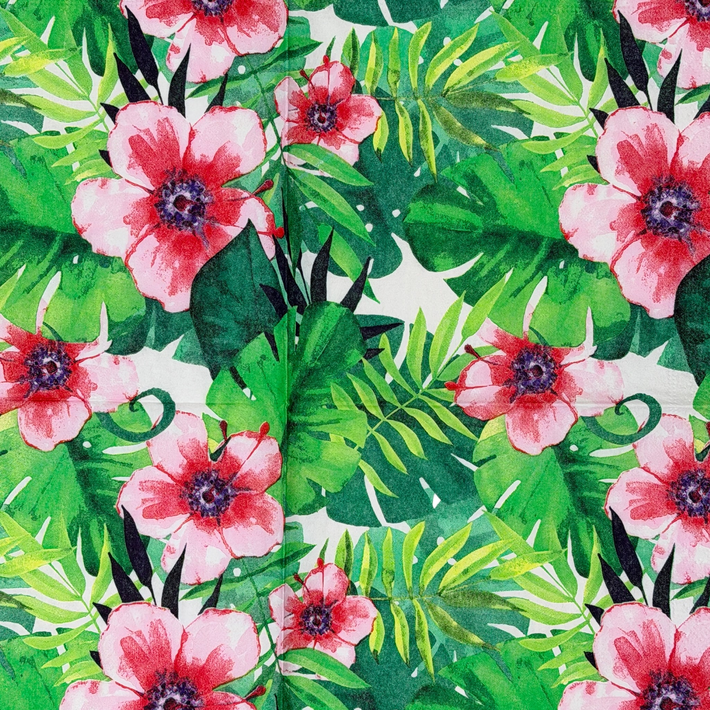 Tranquil Tropics Luncheon Decoupage Napkins – Tropical Floral Watercolor Hibiscus & Palm Leaves for Crafts