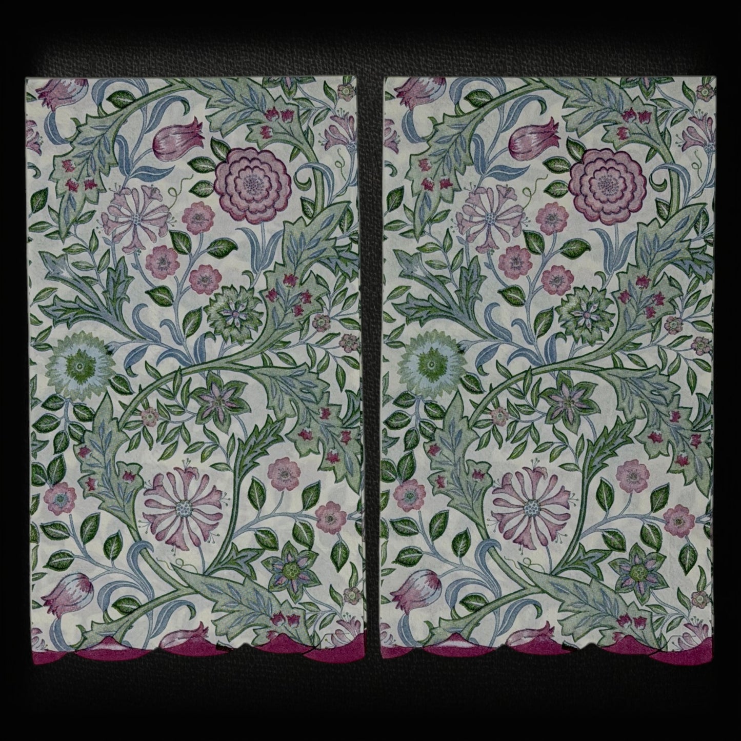 Guest size decoupage napkins featuring the Morris and Co Wilhelmina Arts and Crafts botanical pattern with climbing vines pink roses cornflowers and delicate blossoms in dusty rose sage green and soft blue on a warm cream background set of 2