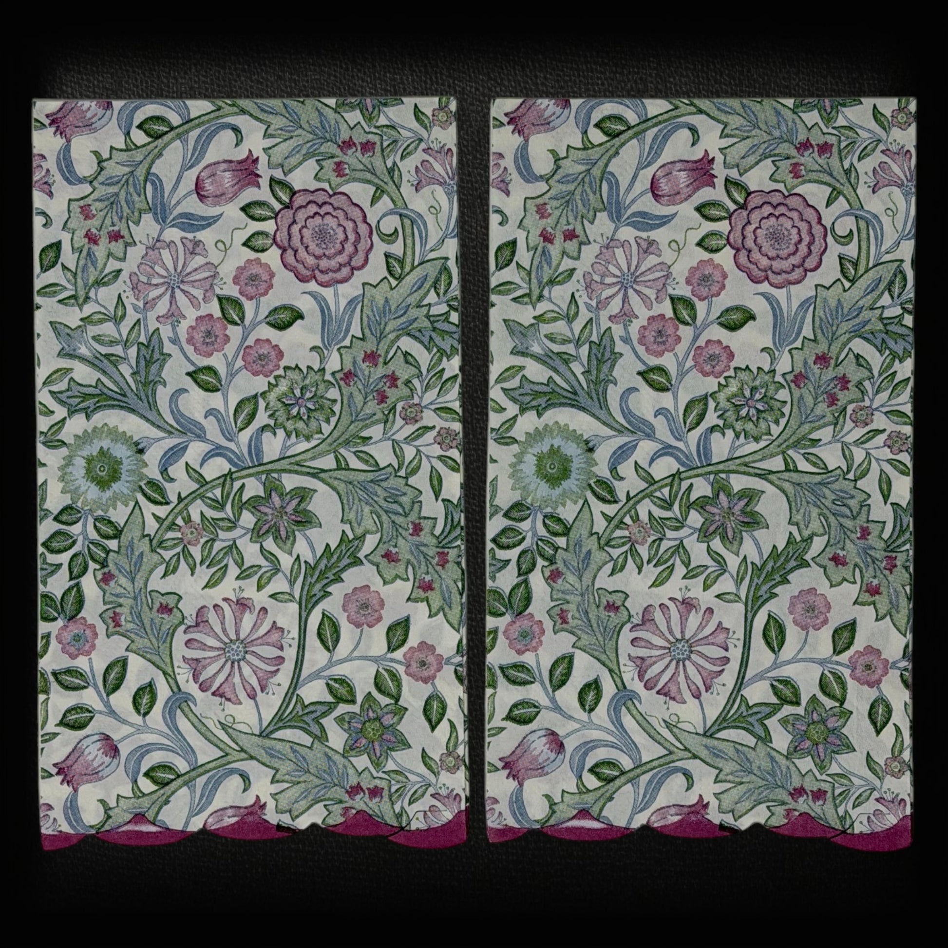 Guest size decoupage napkins featuring the Morris and Co Wilhelmina Arts and Crafts botanical pattern with climbing vines pink roses cornflowers and delicate blossoms in dusty rose sage green and soft blue on a warm cream background set of 2