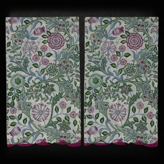 Guest size decoupage napkins featuring the Morris and Co Wilhelmina Arts and Crafts botanical pattern with climbing vines pink roses cornflowers and delicate blossoms in dusty rose sage green and soft blue on a warm cream background set of 2