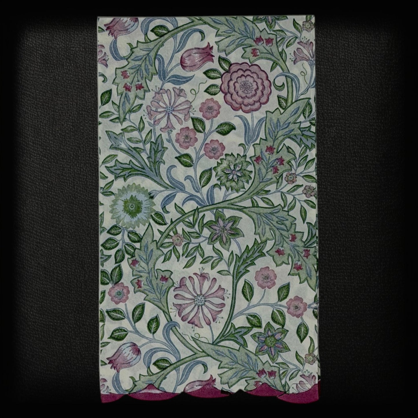 Guest size decoupage napkins featuring the Morris and Co Wilhelmina Arts and Crafts botanical pattern with climbing vines pink roses cornflowers and delicate blossoms in dusty rose sage green and soft blue on a warm cream background set of 2