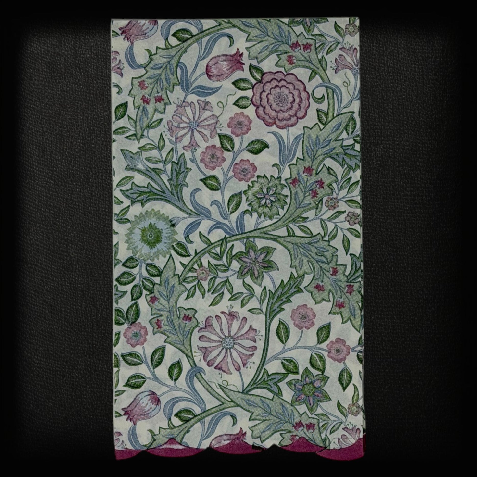 Guest size decoupage napkins featuring the Morris and Co Wilhelmina Arts and Crafts botanical pattern with climbing vines pink roses cornflowers and delicate blossoms in dusty rose sage green and soft blue on a warm cream background set of 2