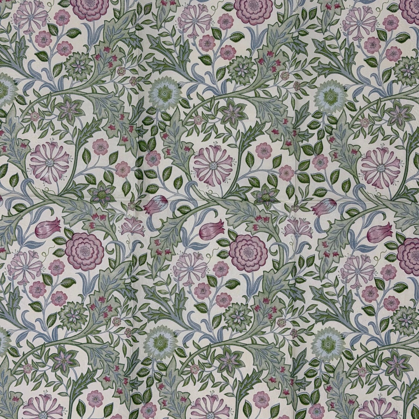 Guest size decoupage napkins featuring the Morris and Co Wilhelmina Arts and Crafts botanical pattern with climbing vines pink roses cornflowers and delicate blossoms in dusty rose sage green and soft blue on a warm cream background set of 2