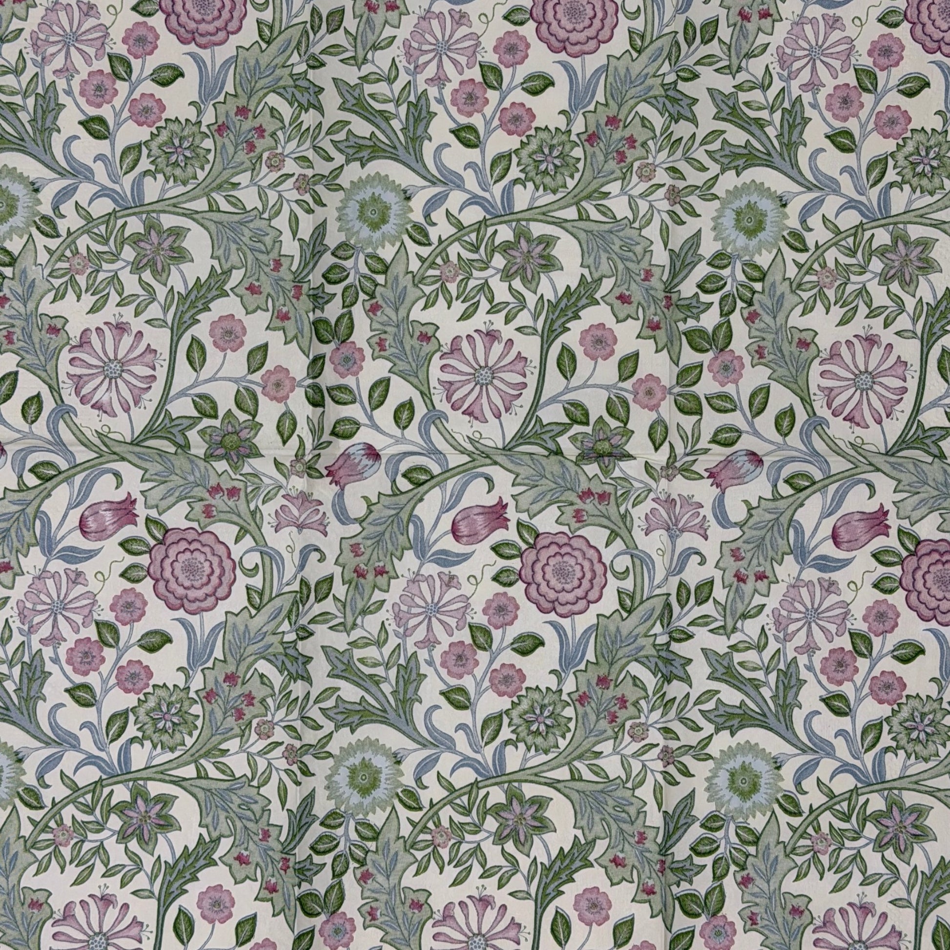 Guest size decoupage napkins featuring the Morris and Co Wilhelmina Arts and Crafts botanical pattern with climbing vines pink roses cornflowers and delicate blossoms in dusty rose sage green and soft blue on a warm cream background set of 2
