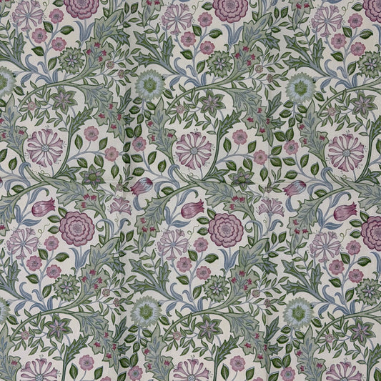 Guest size decoupage napkins featuring the Morris and Co Wilhelmina Arts and Crafts botanical pattern with climbing vines pink roses cornflowers and delicate blossoms in dusty rose sage green and soft blue on a warm cream background set of 2