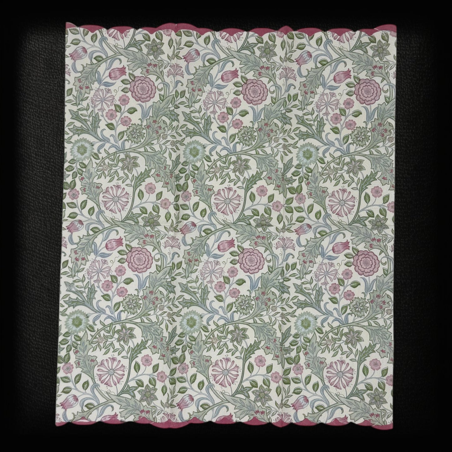 Guest size decoupage napkins featuring the Morris and Co Wilhelmina Arts and Crafts botanical pattern with climbing vines pink roses cornflowers and delicate blossoms in dusty rose sage green and soft blue on a warm cream background set of 2