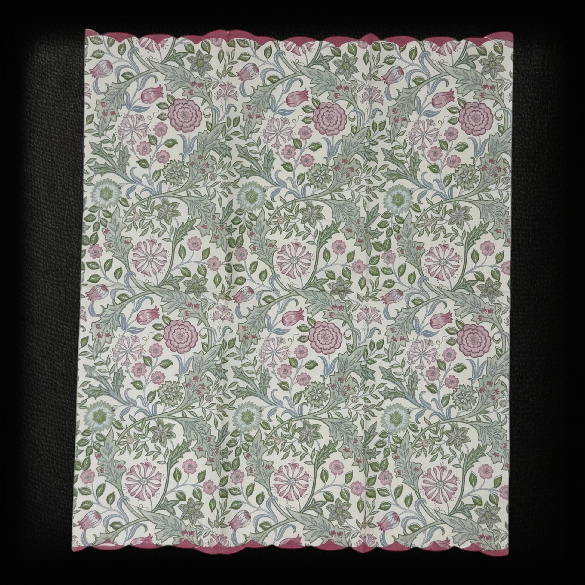 Guest size decoupage napkins featuring the Morris and Co Wilhelmina Arts and Crafts botanical pattern with climbing vines pink roses cornflowers and delicate blossoms in dusty rose sage green and soft blue on a warm cream background set of 2