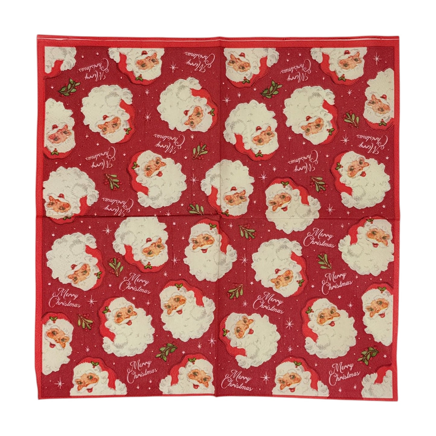 Cocktail size decoupage paper napkin featuring multiple jolly vintage Santa face portraits with fluffy white beards and red hats scattered across a deep crimson background with holly sprigs sparkling stars and Merry Christmas script set of 2