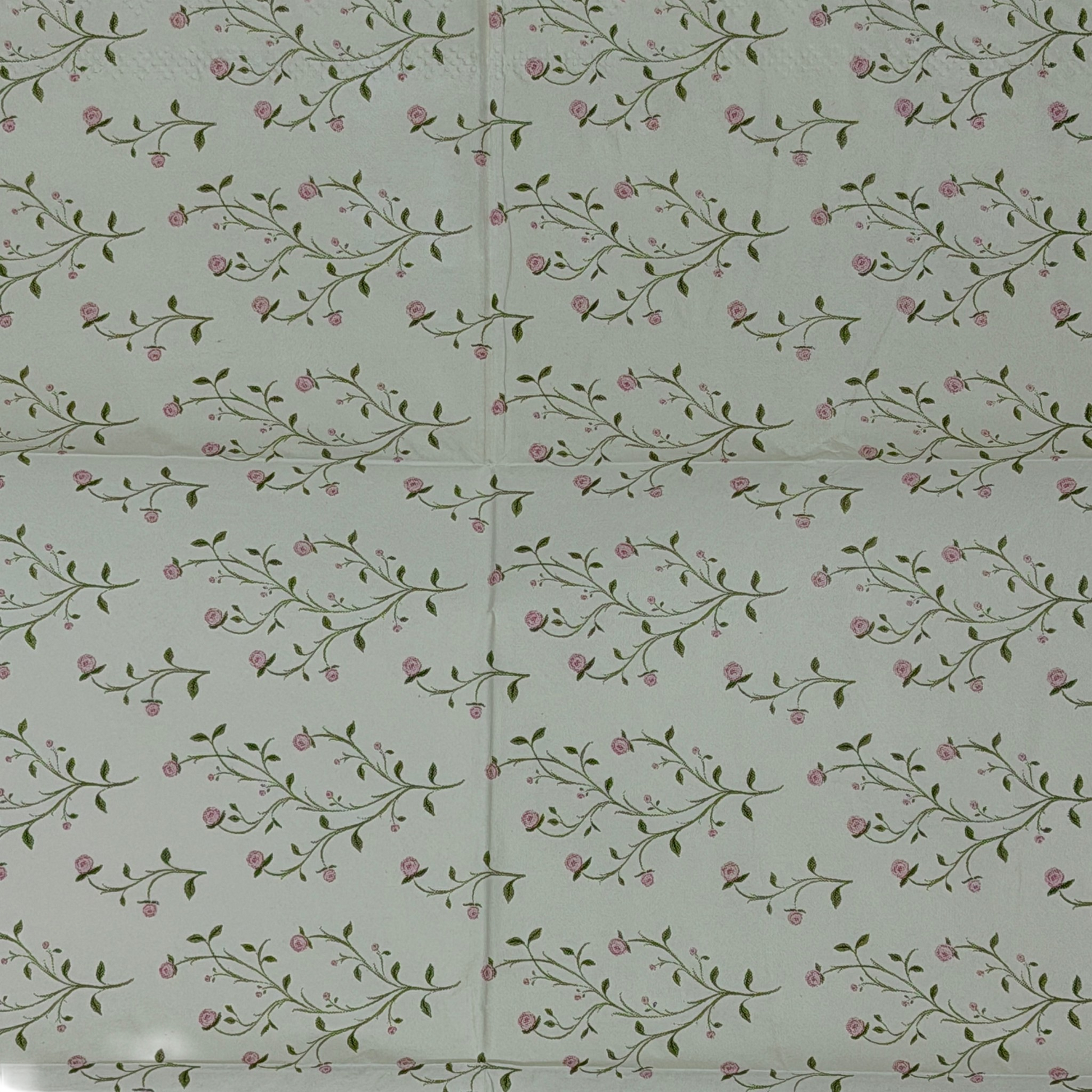 Guest size decoupage napkins featuring delicate trailing rose vine cascades with tiny blush pink rosebuds and soft olive gold leaves on a warm creamy ivory background set of 2