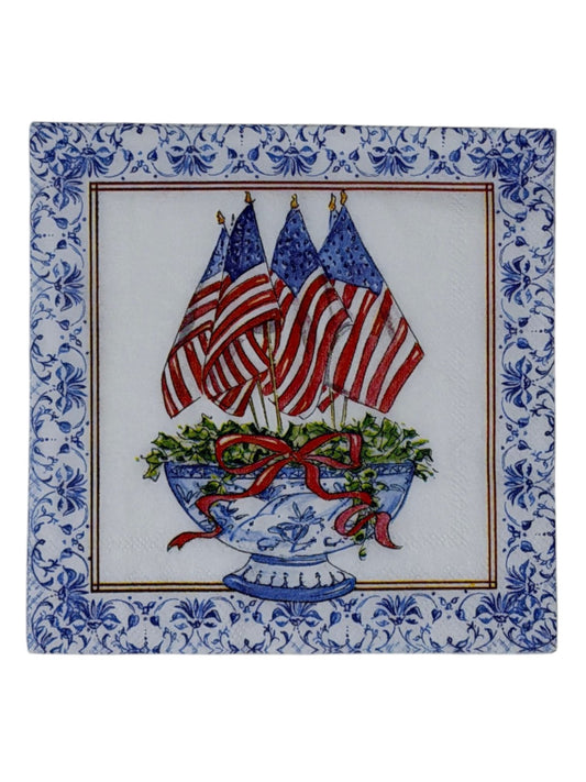 Patriotic Flag Chinoiserie Cocktail Decoupage Paper Napkins – Red White Blue Americana Elegant | Set of 2