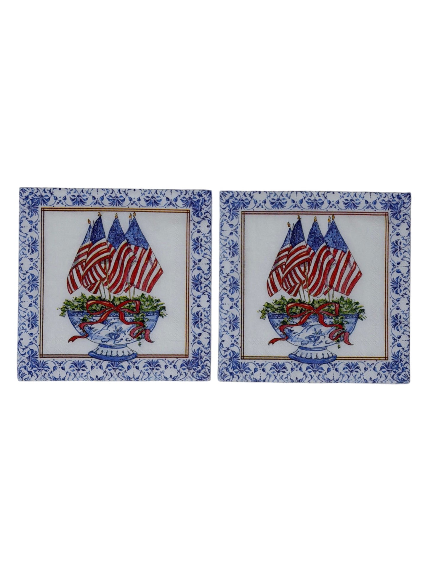 Patriotic Flag Chinoiserie Cocktail Decoupage Paper Napkins – Red White Blue Americana Elegant | Set of 2