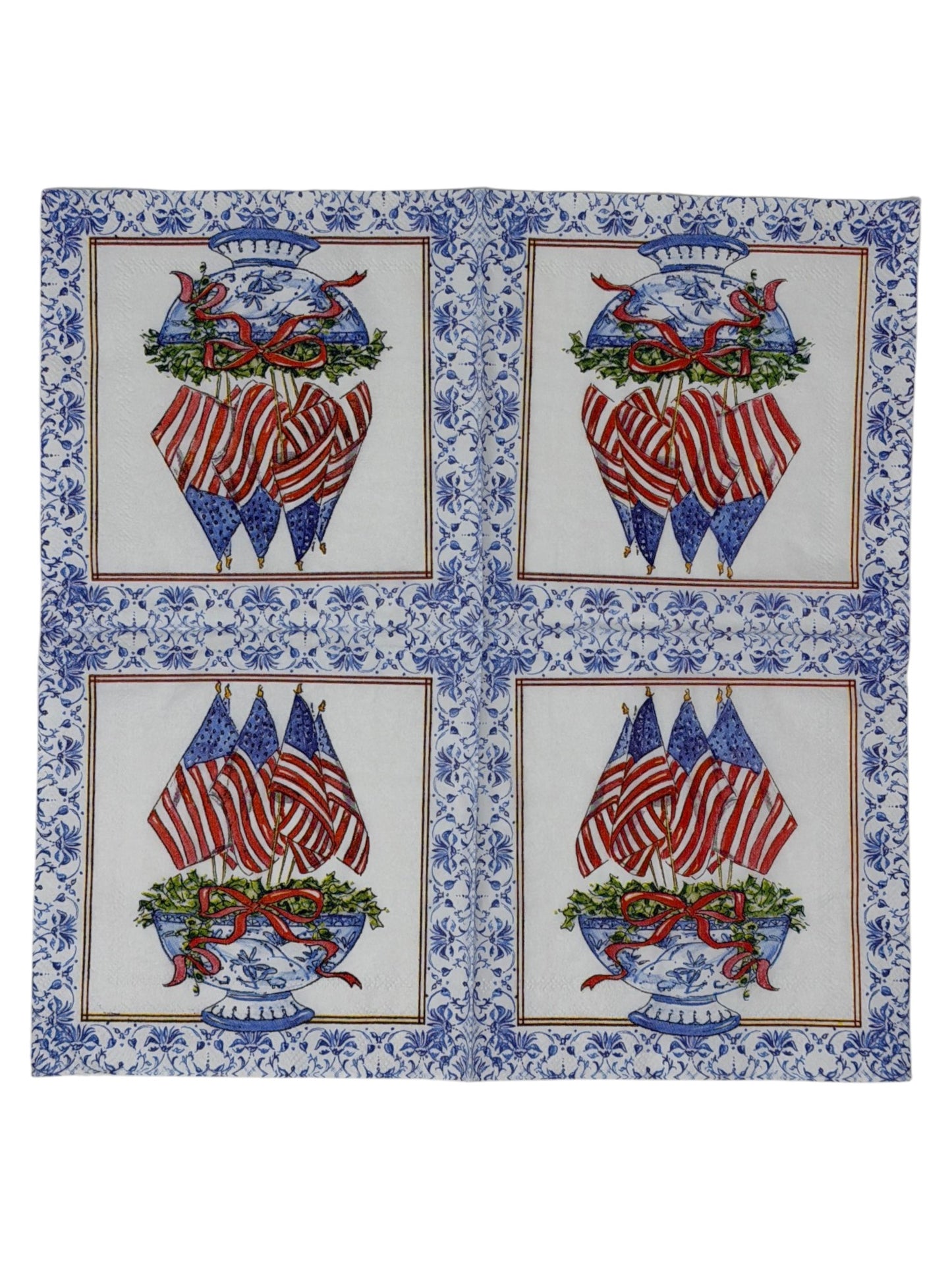Patriotic Flag Chinoiserie Cocktail Decoupage Paper Napkins – Red White Blue Americana Elegant | Set of 2