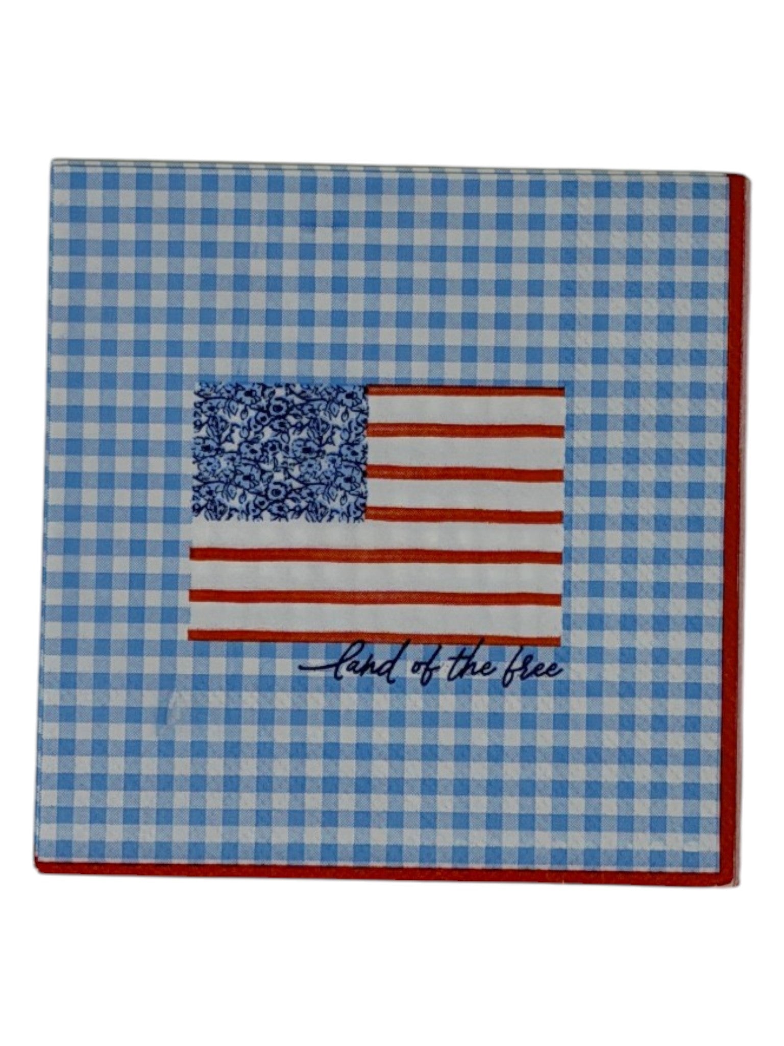 Cocktail size decoupage paper napkin featuring a stylized American flag with a blue floral botanical canton and red stripes above Land of the free cursive script on a fresh sky blue gingham background with a red border set of 2