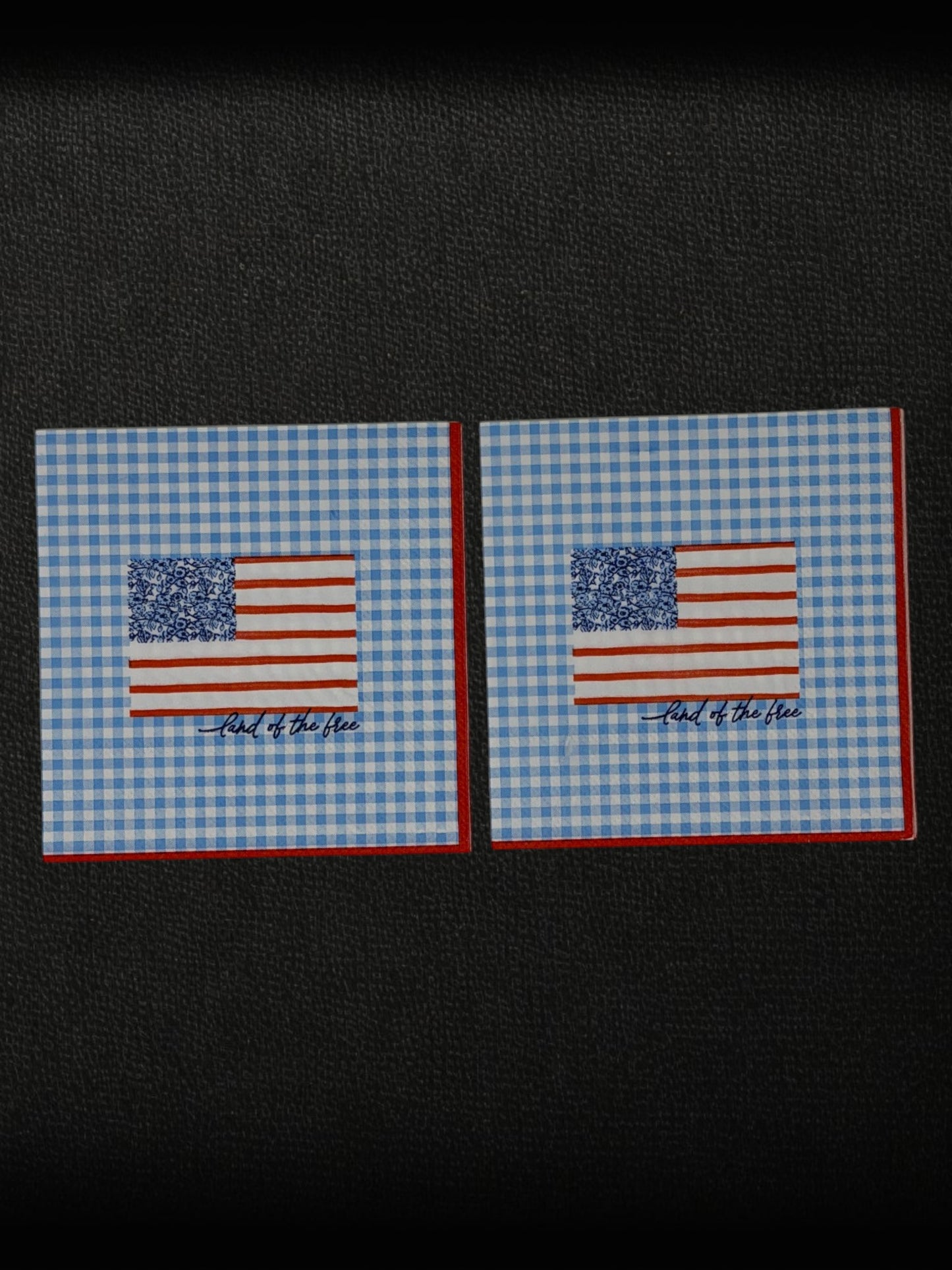 Cocktail size decoupage paper napkin featuring a stylized American flag with a blue floral botanical canton and red stripes above Land of the free cursive script on a fresh sky blue gingham background with a red border set of 2